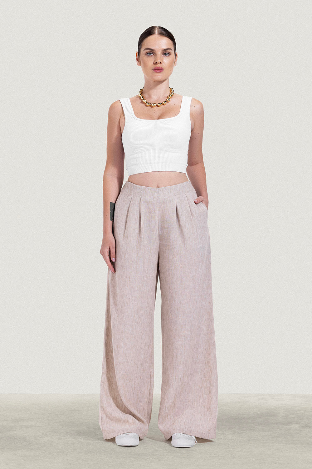 No Waist Pleated Linen Trousers